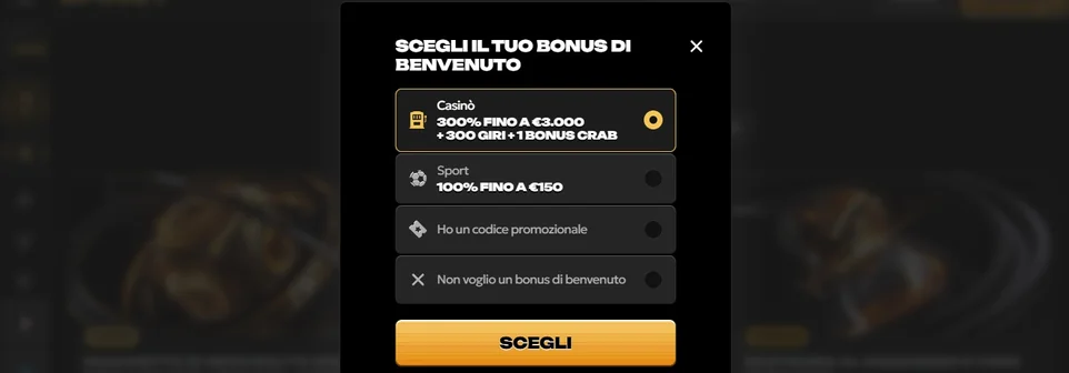 Scegli bonus benvenuto popup