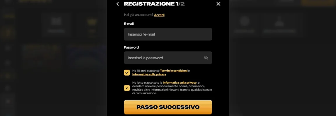 Compila modulo registrazione account.